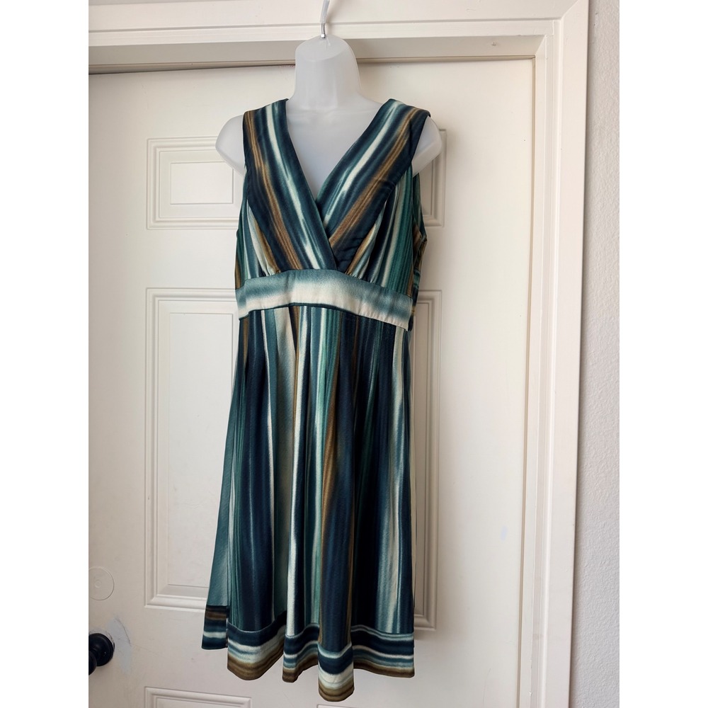 Rabbit Rabbit Designs Green Abstract Stripe V-Neck Empire Waist Dress Sz 12  EUC